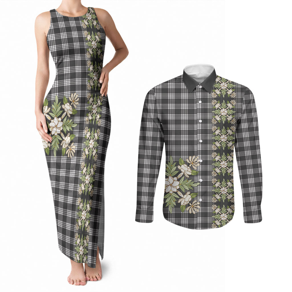 Pauli Hawai'i Palaka Squares Maile Leaf Couples Matching Tank Maxi Dress and Long Sleeve Button Shirt Flowers Hawaiian Quilt Patterns LT9 Soft Black - Polynesian Pride