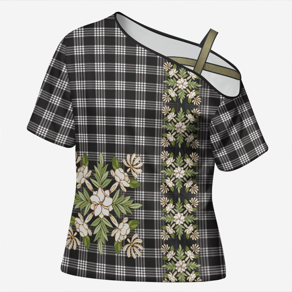 Pauli Hawai'i Palaka Squares Maile Leaf Cross Shoulder Shirt Flowers Hawaiian Quilt Patterns LT9 Female Soft Black - Polynesian Pride