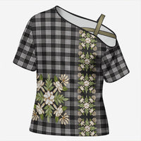 Pauli Hawai'i Palaka Squares Maile Leaf Cross Shoulder Shirt Flowers Hawaiian Quilt Patterns LT9 Female Soft Black - Polynesian Pride