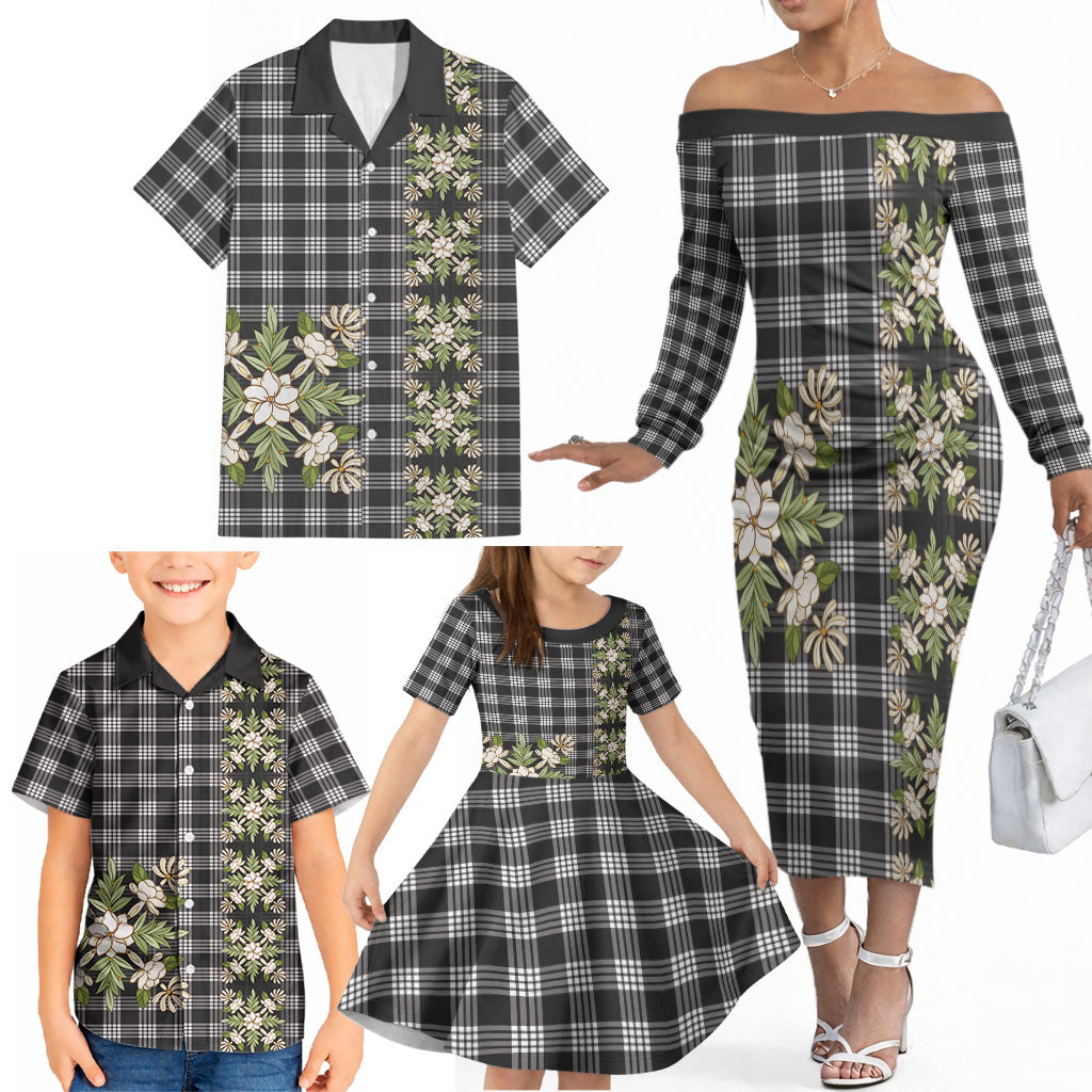 Pauli Hawai'i Palaka Squares Maile Leaf Family Matching Off The Shoulder Long Sleeve Dress and Hawaiian Shirt Flowers Hawaiian Quilt Patterns LT9 - Polynesian Pride