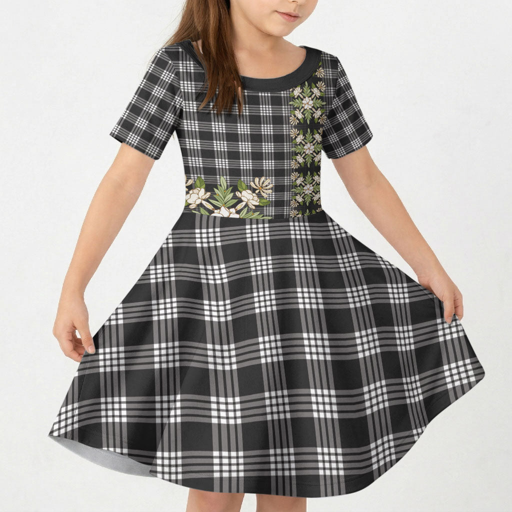 Pauli Hawai'i Palaka Squares Maile Leaf Kid Short Sleeve Dress Flowers Hawaiian Quilt Patterns LT9 KID Soft Black - Polynesian Pride