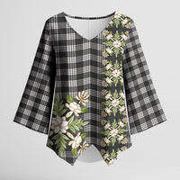 Pauli Hawai'i Palaka Squares Maile Leaf Kimono Sleeve Blouse Flowers Hawaiian Quilt Patterns LT9 Female Soft Black - Polynesian Pride
