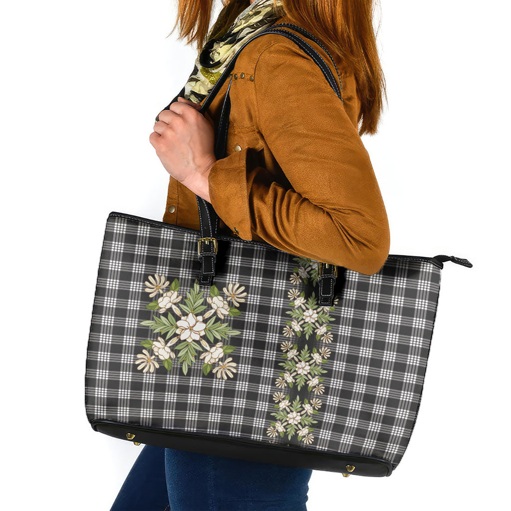 Pauli Hawai'i Palaka Squares Maile Leaf Leather Tote Bag Flowers Hawaiian Quilt Patterns LT9 Soft Black - Polynesian Pride