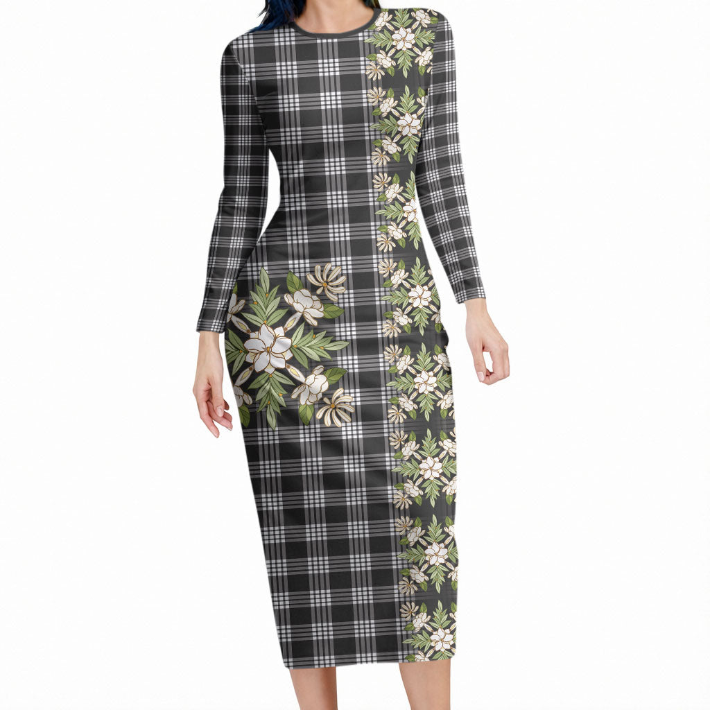 Pauli Hawai'i Palaka Squares Maile Leaf Long Sleeve Bodycon Dress Flowers Hawaiian Quilt Patterns LT9 Long Dress Soft Black - Polynesian Pride