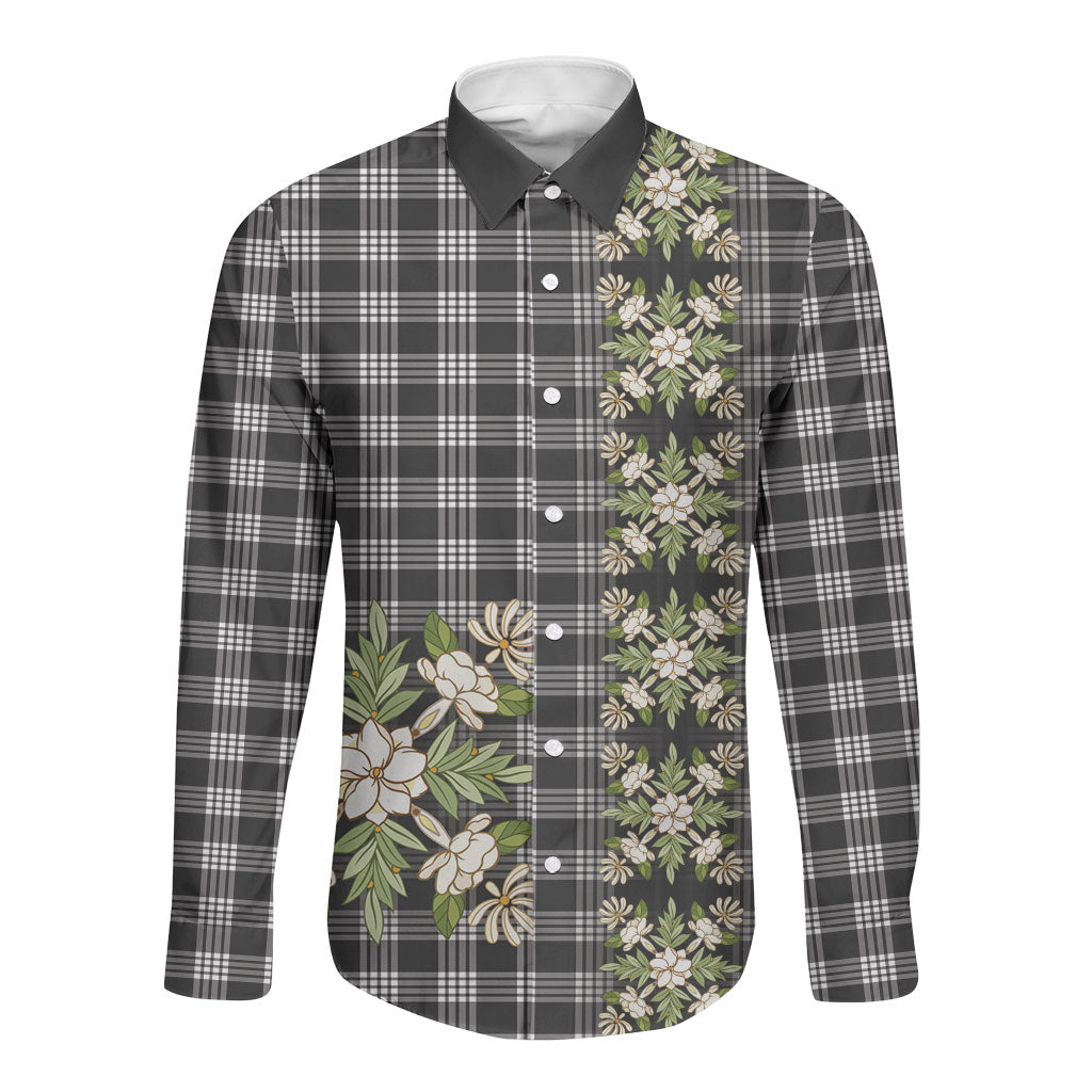 Pauli Hawai'i Palaka Squares Maile Leaf Long Sleeve Button Shirt Flowers Hawaiian Quilt Patterns LT9 Unisex Soft Black - Polynesian Pride