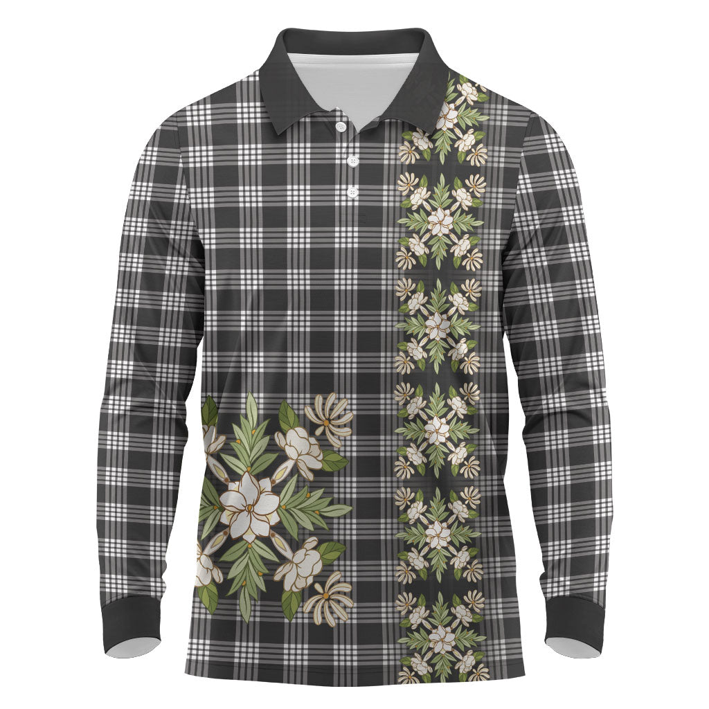 Pauli Hawai'i Palaka Squares Maile Leaf Long Sleeve Polo Shirt Flowers Hawaiian Quilt Patterns LT9 Soft Black - Polynesian Pride