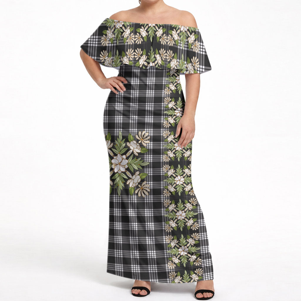 Pauli Hawai'i Palaka Squares Maile Leaf Off Shoulder Maxi Dress Flowers Hawaiian Quilt Patterns LT9 Women Soft Black - Polynesian Pride