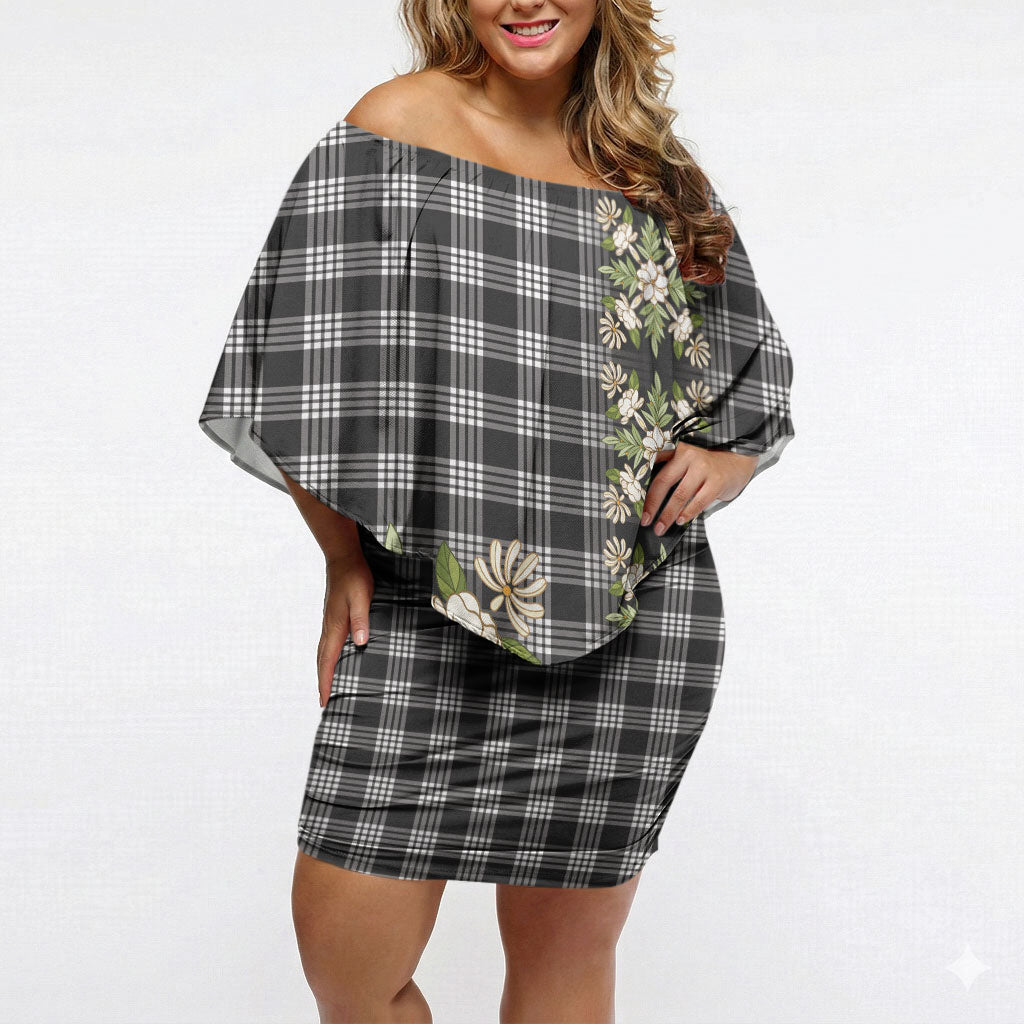 Pauli Hawai'i Palaka Squares Maile Leaf Off Shoulder Short Dress Flowers Hawaiian Quilt Patterns LT9 Women Soft Black - Polynesian Pride