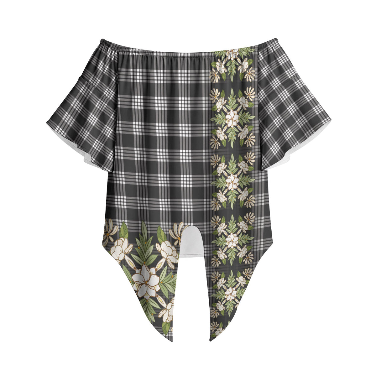 Pauli Hawai'i Palaka Squares Maile Leaf Off Shoulder Wrap Waist Top Flowers Hawaiian Quilt Patterns LT9 Soft Black - Polynesian Pride
