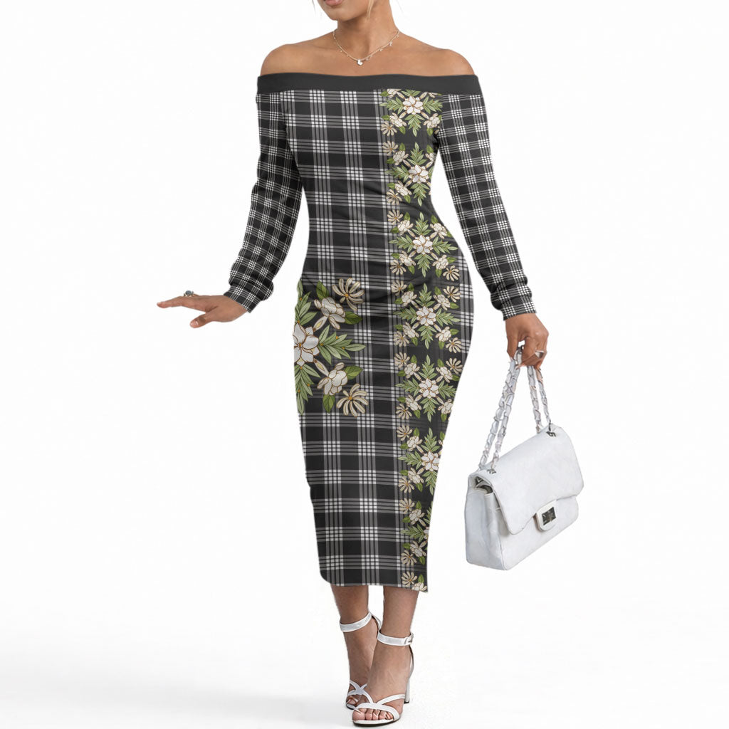 Pauli Hawai'i Palaka Squares Maile Leaf Off The Shoulder Long Sleeve Dress Flowers Hawaiian Quilt Patterns LT9 Women Soft Black - Polynesian Pride