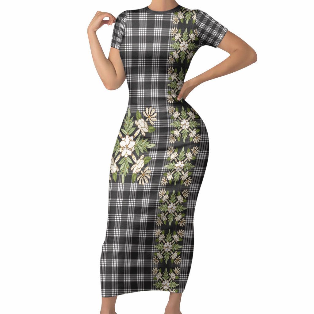 Pauli Hawai'i Palaka Squares Maile Leaf Short Sleeve Bodycon Dress Flowers Hawaiian Quilt Patterns LT9 Long Dress Soft Black - Polynesian Pride