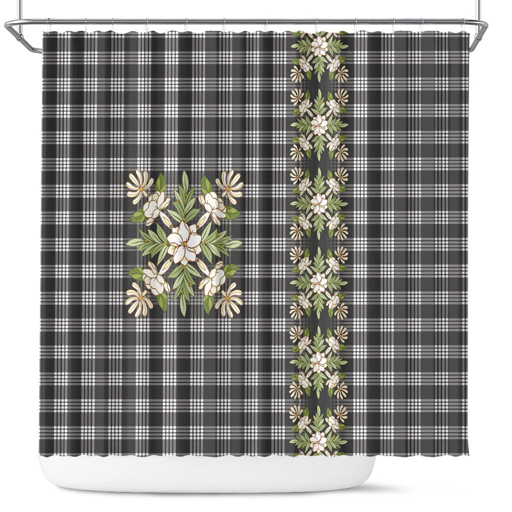 Pauli Hawai'i Palaka Squares Maile Leaf Shower Curtain Flowers Hawaiian Quilt Patterns LT9 Soft Black - Polynesian Pride