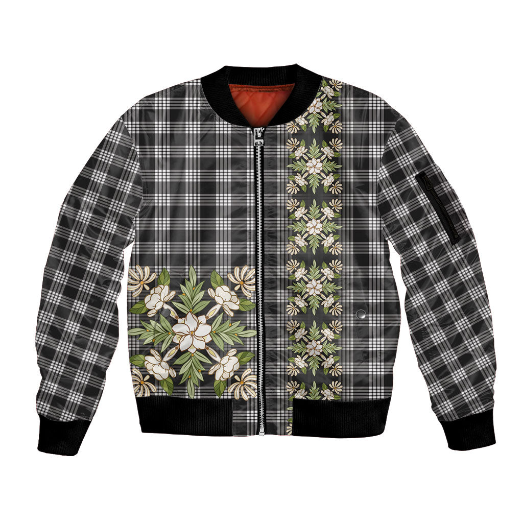 Pauli Hawai'i Palaka Squares Maile Leaf Sleeve Zip Bomber Jacket Flowers Hawaiian Quilt Patterns LT9 Unisex Soft Black - Polynesian Pride
