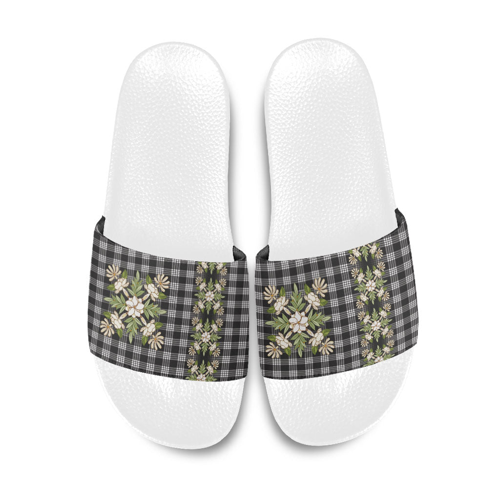 Pauli Hawai'i Palaka Squares Maile Leaf Slide Sandals Flowers Hawaiian Quilt Patterns LT9 Soft Black - Polynesian Pride