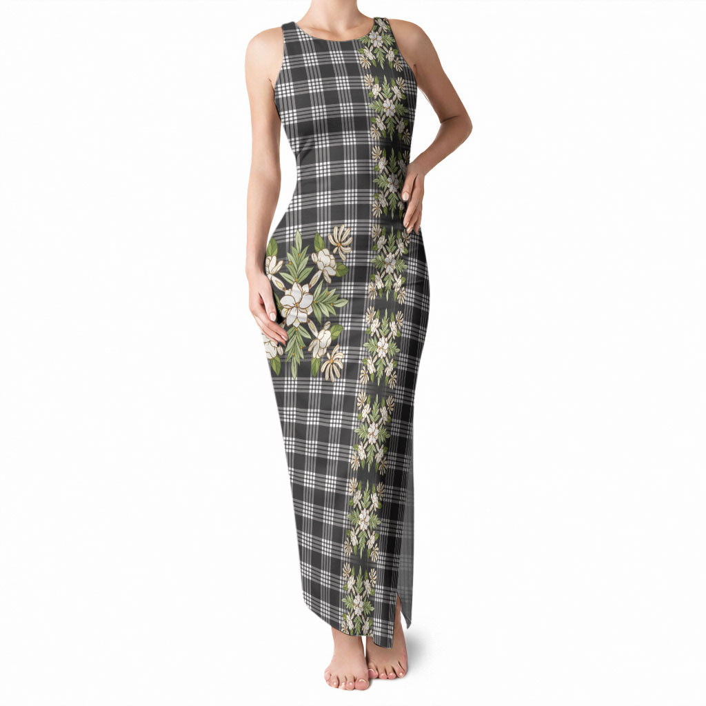 Pauli Hawai'i Palaka Squares Maile Leaf Tank Maxi Dress Flowers Hawaiian Quilt Patterns LT9 Women Soft Black - Polynesian Pride