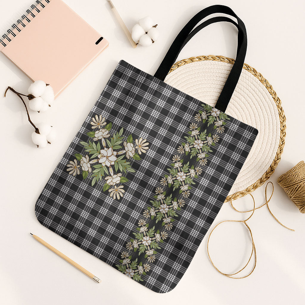 Pauli Hawai'i Palaka Squares Maile Leaf Tote Bag Flowers Hawaiian Quilt Patterns LT9 Black Strap One Size Soft Black - Polynesian Pride