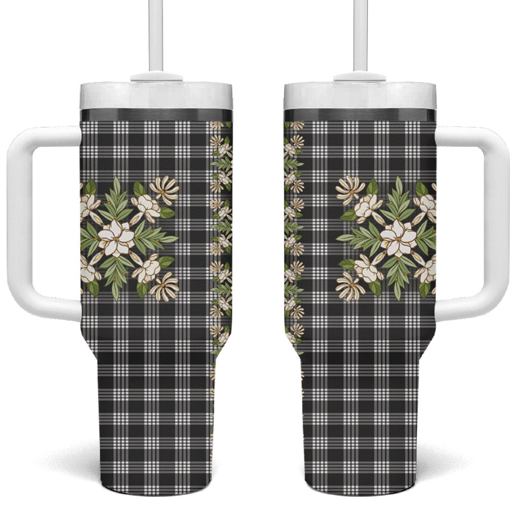 Pauli Hawai'i Palaka Squares Maile Leaf Tumbler With Handle Flowers Hawaiian Quilt Patterns LT9 One Size: 40 oz Soft Black - Polynesian Pride