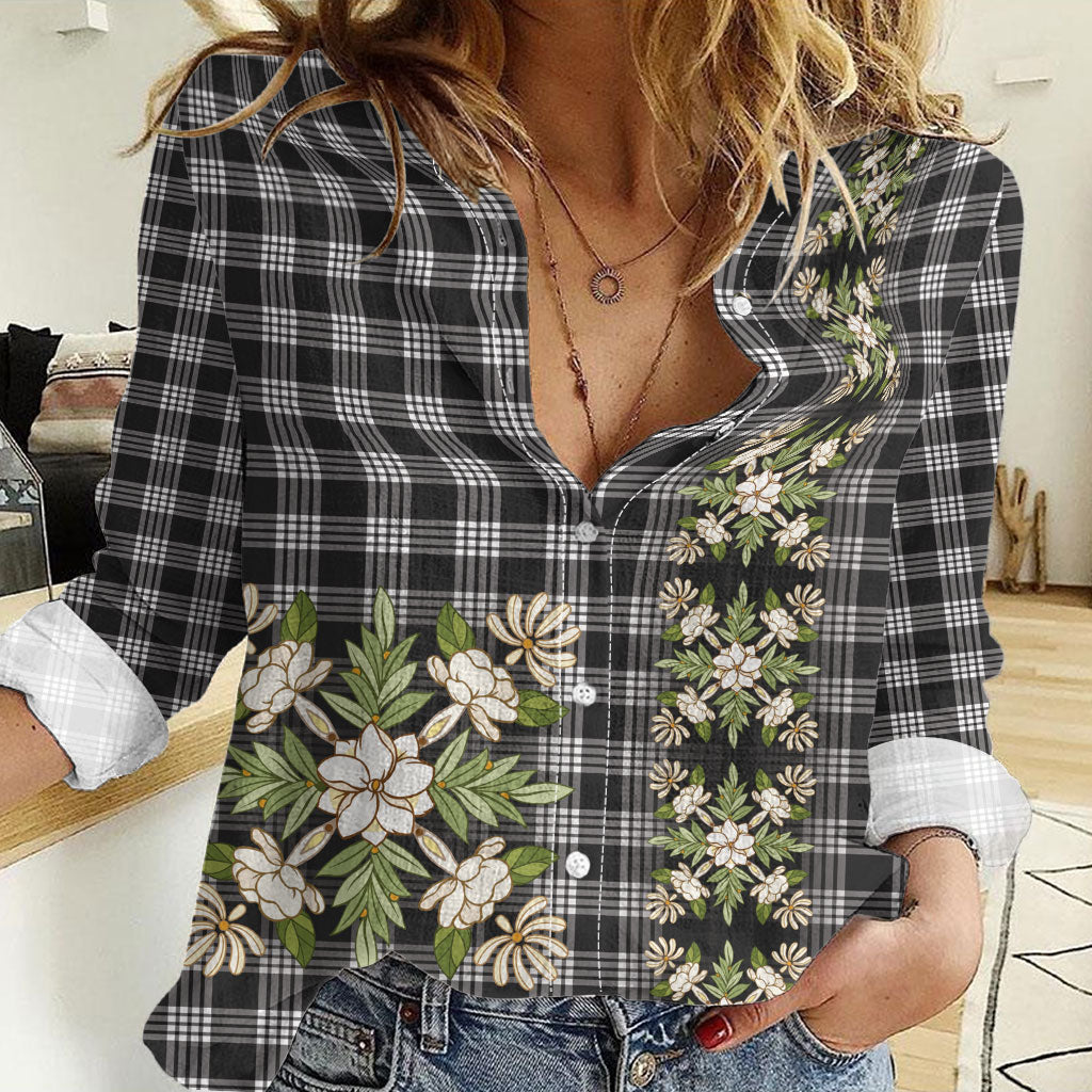 Pauli Hawai'i Palaka Squares Maile Leaf Women Casual Shirt Flowers Hawaiian Quilt Patterns LT9 Female Soft Black - Polynesian Pride