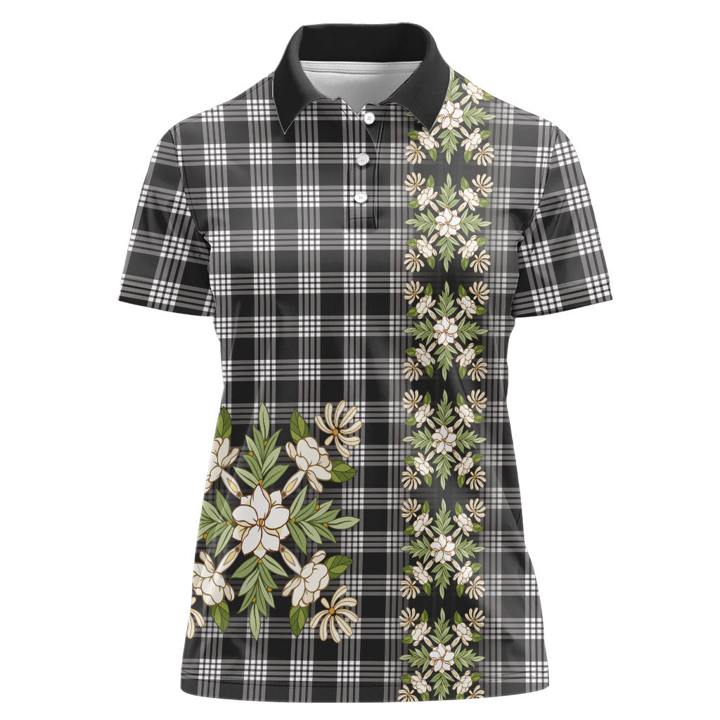Pauli Hawai'i Palaka Squares Maile Leaf Women Polo Shirt Flowers Hawaiian Quilt Patterns LT9 Female Soft Black - Polynesian Pride