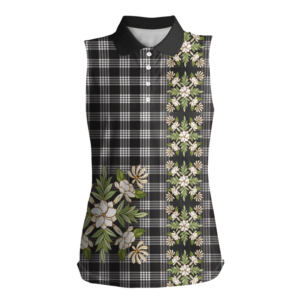 Pauli Hawai'i Palaka Squares Maile Leaf Women Sleeveless Polo Shirt Flowers Hawaiian Quilt Patterns LT9 Female Soft Black - Polynesian Pride
