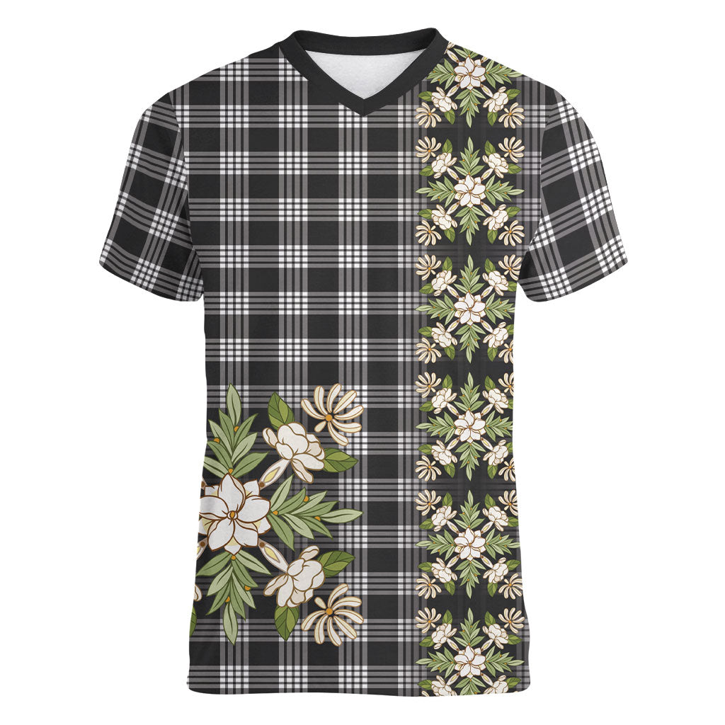 Pauli Hawai'i Palaka Squares Maile Leaf Women V-Neck T-Shirt Flowers Hawaiian Quilt Patterns LT9 Female Soft Black - Polynesian Pride