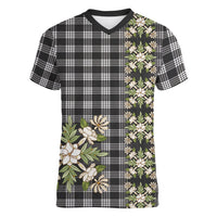Pauli Hawai'i Palaka Squares Maile Leaf Women V-Neck T-Shirt Flowers Hawaiian Quilt Patterns LT9 Female Soft Black - Polynesian Pride