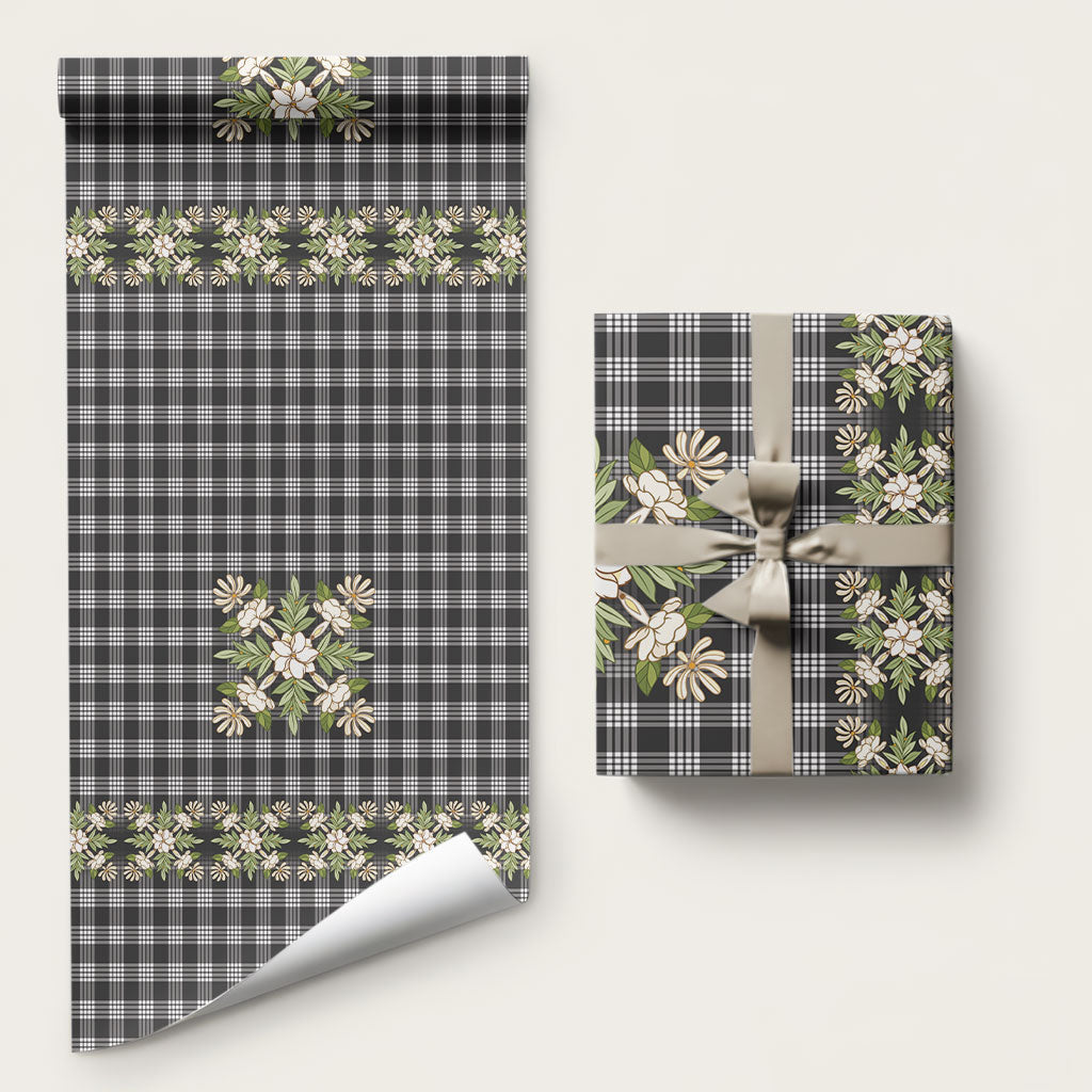 Pauli Hawai'i Palaka Squares Maile Leaf Wrapping Paper Flowers Hawaiian Quilt Patterns LT9 58" × 23" Soft Black - Polynesian Pride