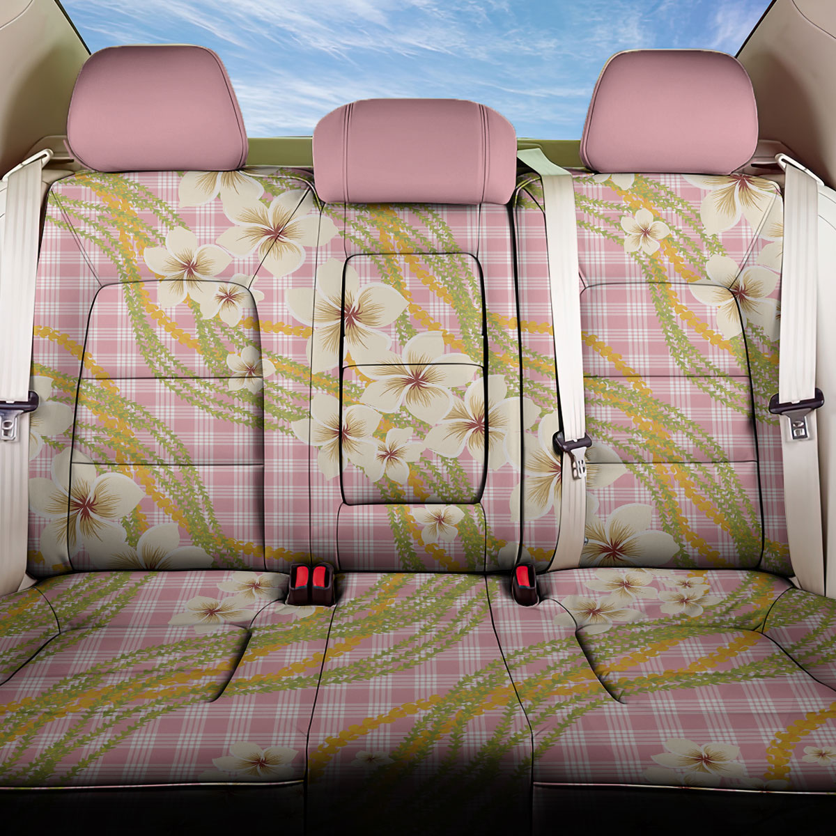 Akala Hamele Palaka Plumeria Back Car Seat Cover Puakenikeni and Maile Lei LT9 One Size Dusty Rose - Polynesian Pride