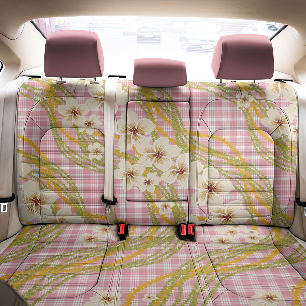 Akala Hamele Palaka Plumeria Back Car Seat Cover Puakenikeni and Maile Lei LT9 - Polynesian Pride