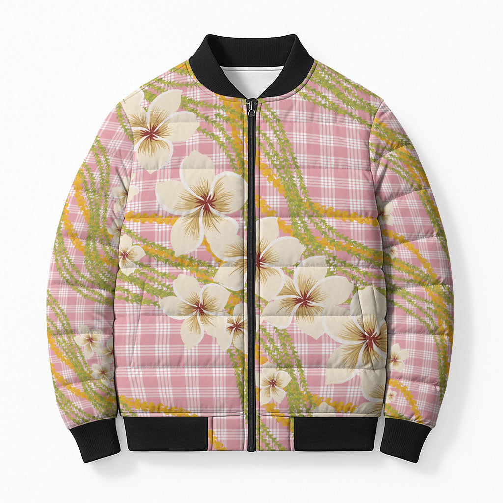 Akala Hamele Palaka Plumeria Bomber Puffer Jacket Puakenikeni and Maile Lei LT9 Unisex Dusty Rose - Polynesian Pride