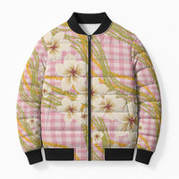 Akala Hamele Palaka Plumeria Bomber Puffer Jacket Puakenikeni and Maile Lei LT9 Unisex Dusty Rose - Polynesian Pride