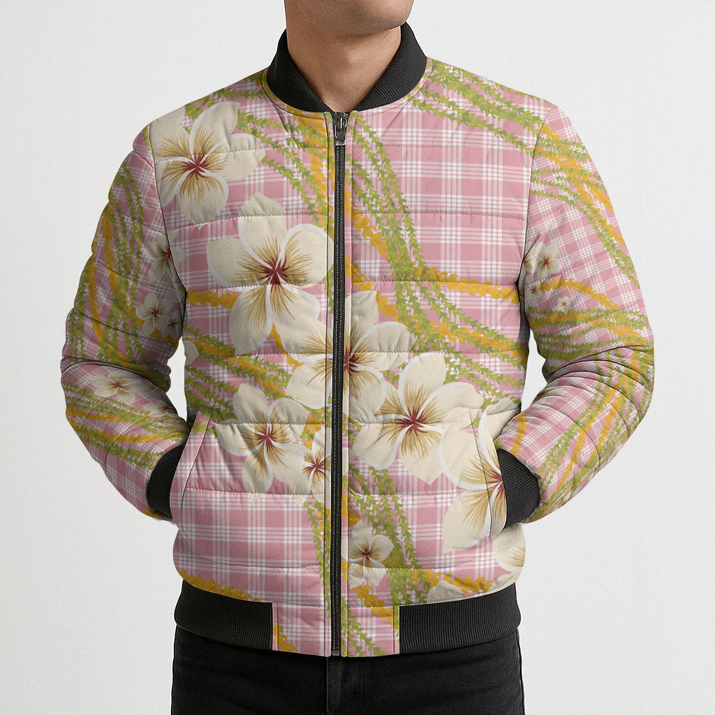 Akala Hamele Palaka Plumeria Bomber Puffer Jacket Puakenikeni and Maile Lei LT9 - Polynesian Pride