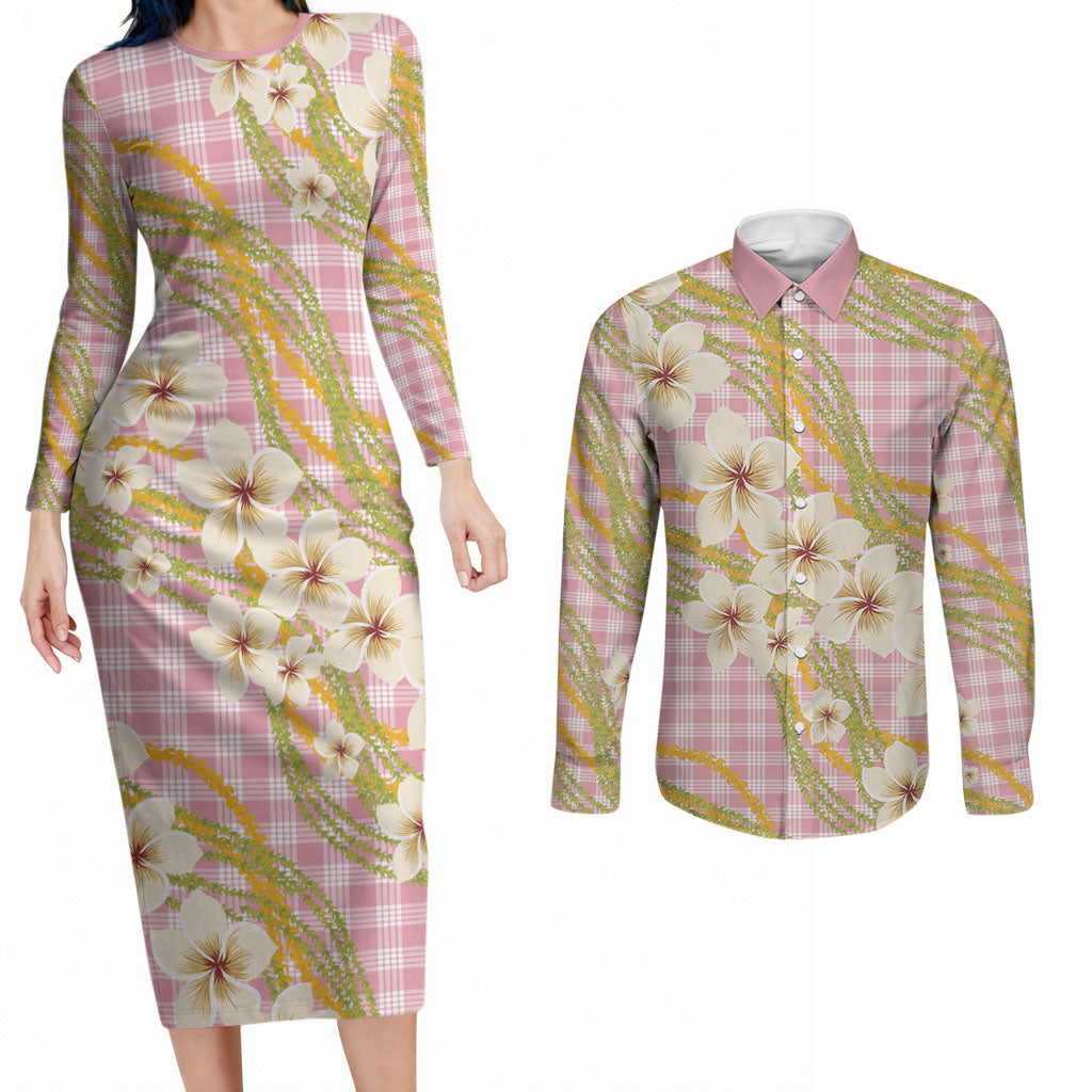 Akala Hamele Palaka Plumeria Couples Matching Long Sleeve Bodycon Dress and Long Sleeve Button Shirt Puakenikeni and Maile Lei LT9 Dusty Rose - Polynesian Pride