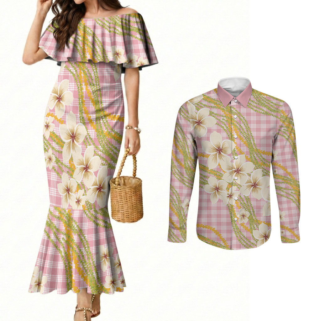 Akala Hamele Palaka Plumeria Couples Matching Mermaid Dress and Long Sleeve Button Shirt Puakenikeni and Maile Lei LT9 Dusty Rose - Polynesian Pride