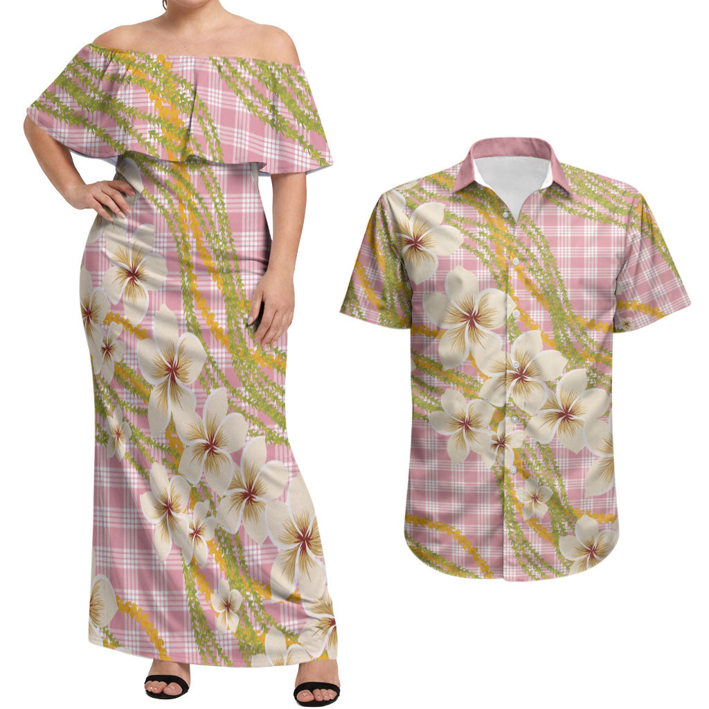 Akala Hamele Palaka Plumeria Couples Matching Off Shoulder Maxi Dress and Hawaiian Shirt Puakenikeni and Maile Lei LT9 Dusty Rose - Polynesian Pride