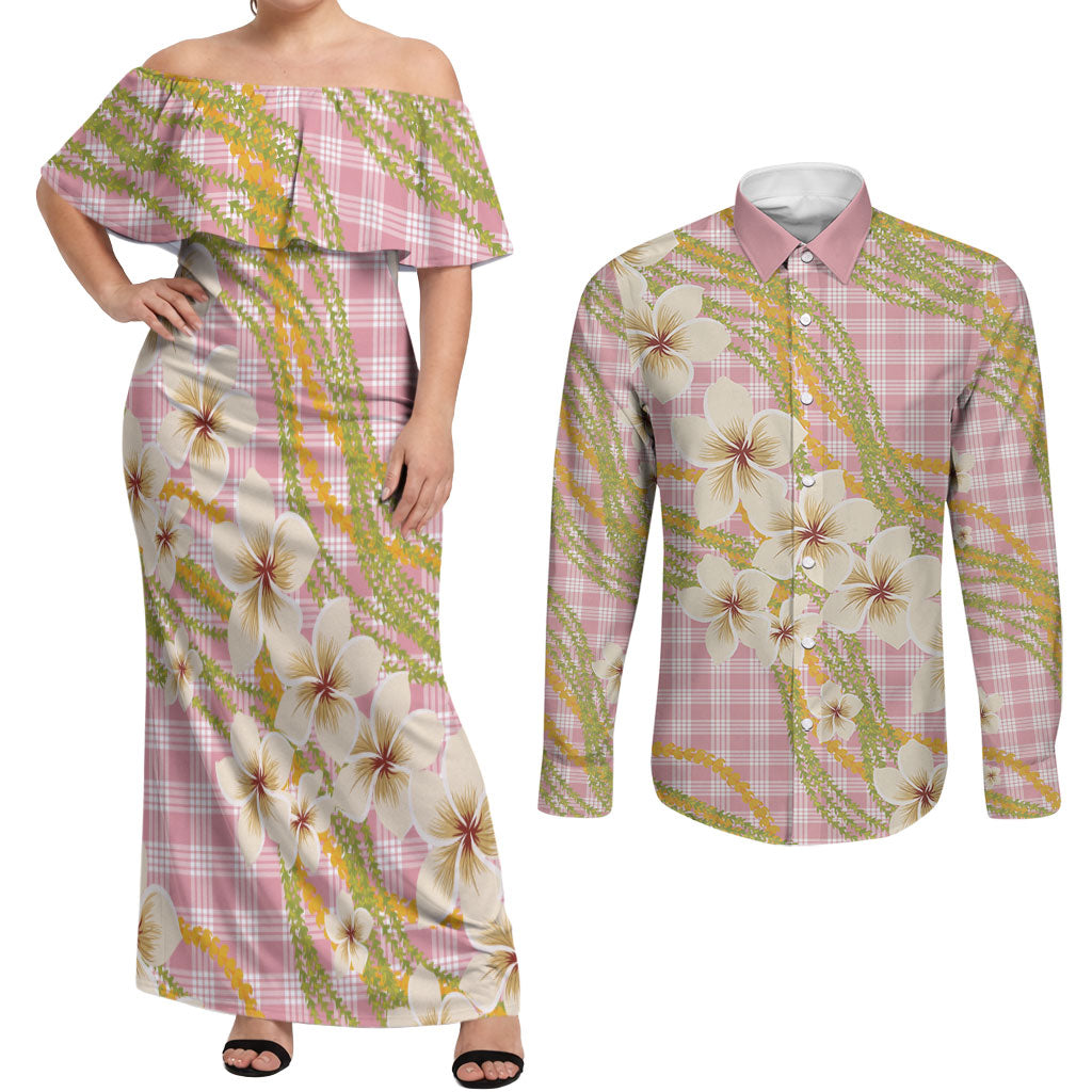 Akala Hamele Palaka Plumeria Couples Matching Off Shoulder Maxi Dress and Long Sleeve Button Shirt Puakenikeni and Maile Lei LT9 Dusty Rose - Polynesian Pride