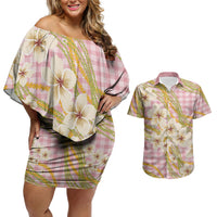Akala Hamele Palaka Plumeria Couples Matching Off Shoulder Short Dress and Hawaiian Shirt Puakenikeni and Maile Lei LT9 Dusty Rose - Polynesian Pride