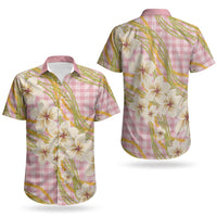 Akala Hamele Palaka Plumeria Couples Matching Off Shoulder Short Dress and Hawaiian Shirt Puakenikeni and Maile Lei LT9 - Polynesian Pride