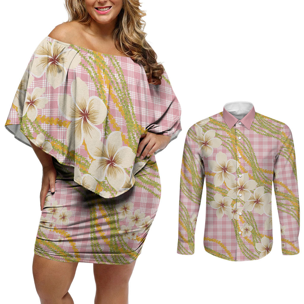 Akala Hamele Palaka Plumeria Couples Matching Off Shoulder Short Dress and Long Sleeve Button Shirt Puakenikeni and Maile Lei LT9 Dusty Rose - Polynesian Pride