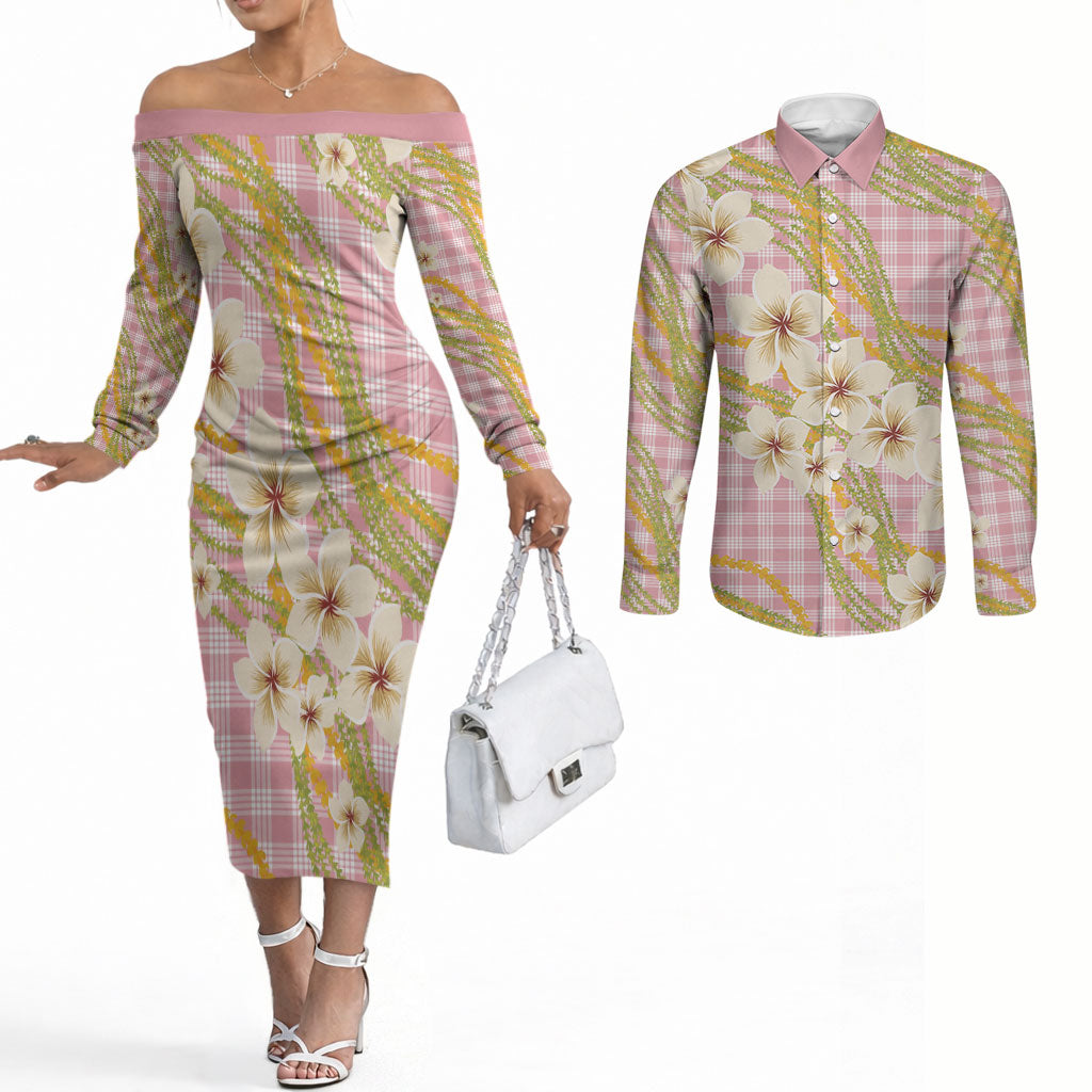 Akala Hamele Palaka Plumeria Couples Matching Off The Shoulder Long Sleeve Dress and Long Sleeve Button Shirt Puakenikeni and Maile Lei LT9 Dusty Rose - Polynesian Pride