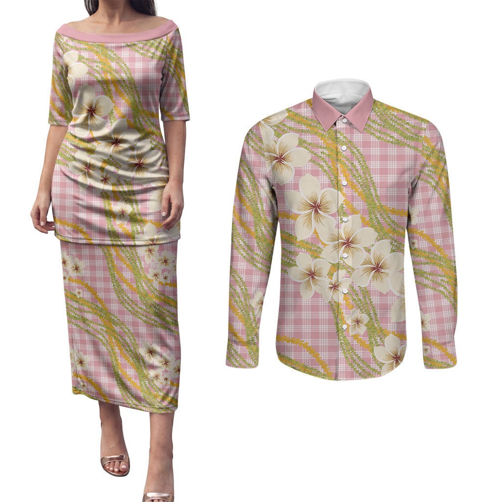 Akala Hamele Palaka Plumeria Couples Matching Puletasi and Long Sleeve Button Shirt Puakenikeni and Maile Lei LT9 Dusty Rose - Polynesian Pride