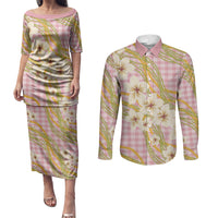 Akala Hamele Palaka Plumeria Couples Matching Puletasi and Long Sleeve Button Shirt Puakenikeni and Maile Lei LT9 Dusty Rose - Polynesian Pride