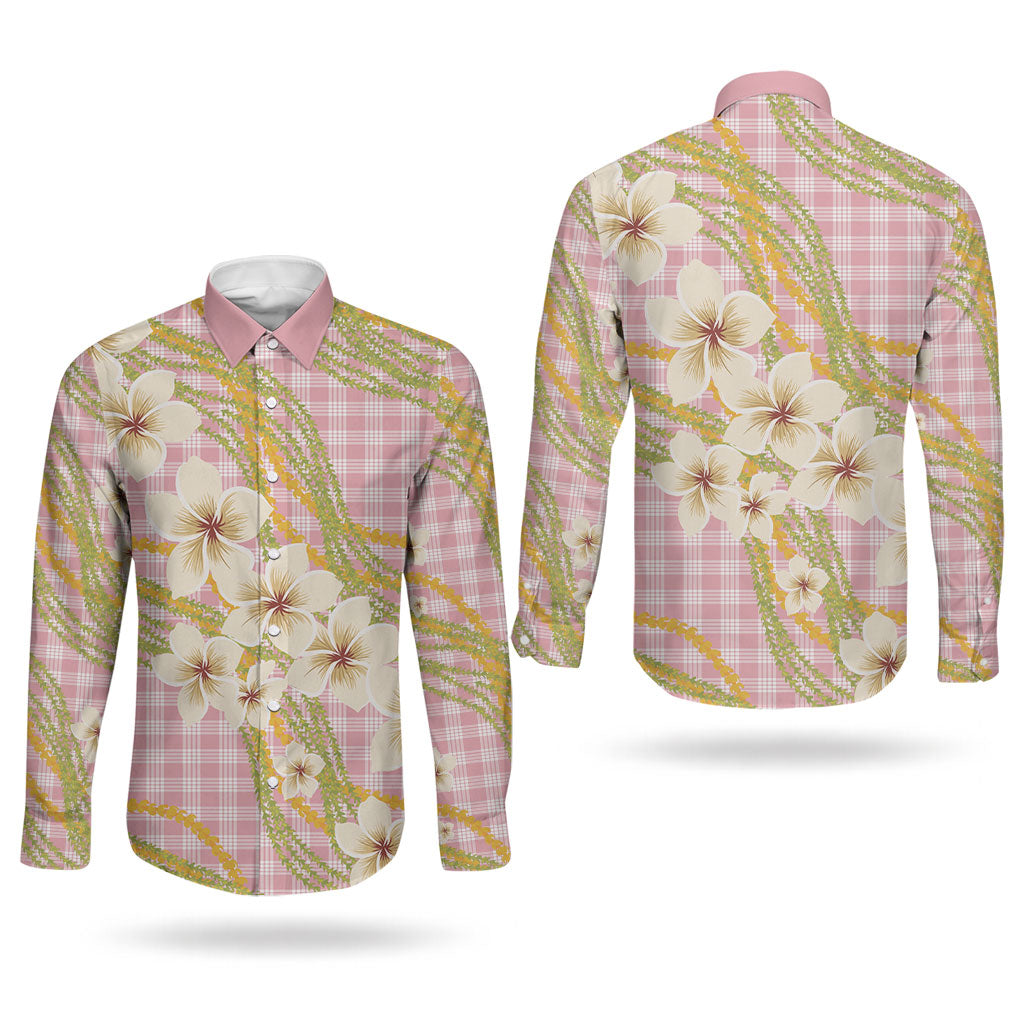 Akala Hamele Palaka Plumeria Couples Matching Puletasi and Long Sleeve Button Shirt Puakenikeni and Maile Lei LT9 - Polynesian Pride