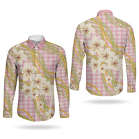 Akala Hamele Palaka Plumeria Couples Matching Puletasi and Long Sleeve Button Shirt Puakenikeni and Maile Lei LT9 - Polynesian Pride