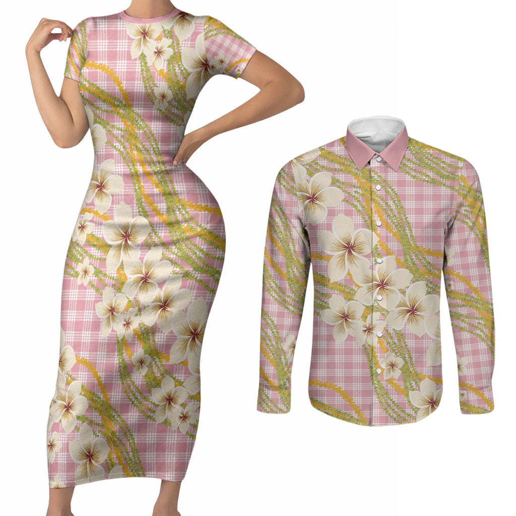 Akala Hamele Palaka Plumeria Couples Matching Short Sleeve Bodycon Dress and Long Sleeve Button Shirt Puakenikeni and Maile Lei LT9 Dusty Rose - Polynesian Pride