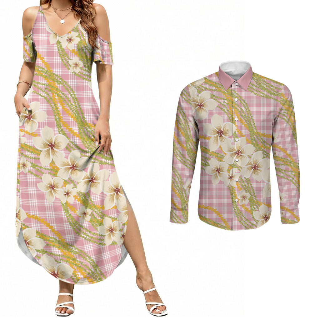 Akala Hamele Palaka Plumeria Couples Matching Summer Maxi Dress and Long Sleeve Button Shirt Puakenikeni and Maile Lei LT9 Dusty Rose - Polynesian Pride