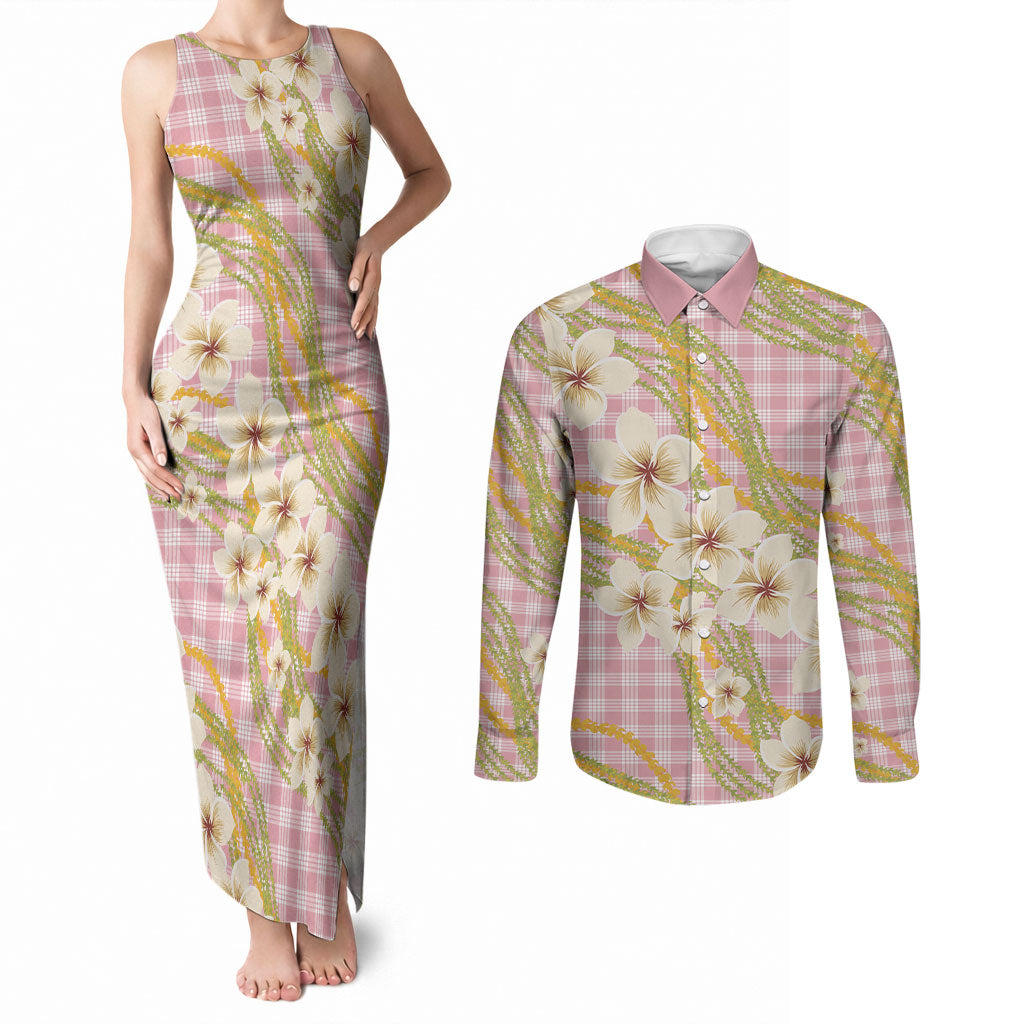 Akala Hamele Palaka Plumeria Couples Matching Tank Maxi Dress and Long Sleeve Button Shirt Puakenikeni and Maile Lei LT9 Dusty Rose - Polynesian Pride