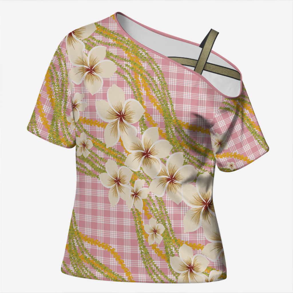 Akala Hamele Palaka Plumeria Cross Shoulder Shirt Puakenikeni and Maile Lei LT9 Female Dusty Rose - Polynesian Pride