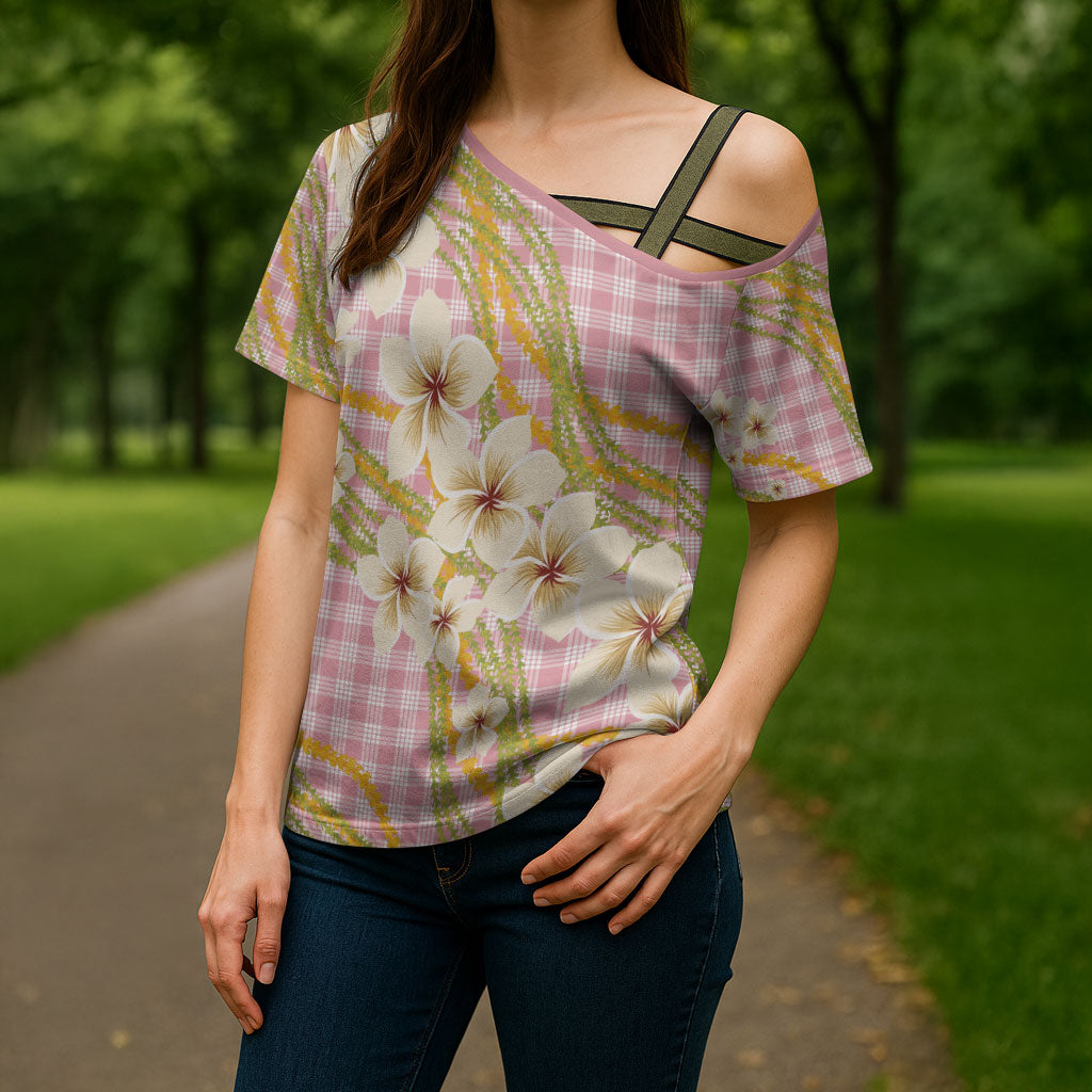 Akala Hamele Palaka Plumeria Cross Shoulder Shirt Puakenikeni and Maile Lei LT9 - Polynesian Pride