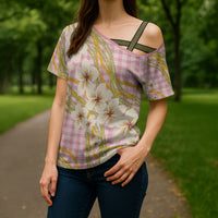 Akala Hamele Palaka Plumeria Cross Shoulder Shirt Puakenikeni and Maile Lei LT9 - Polynesian Pride